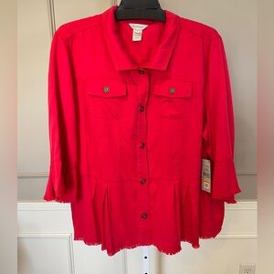 Multiples NWT 3X Red Cotton Jacket Liberty Cherry Raw Hem Ruffle Flounce Soft